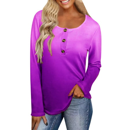CLZOUD Womens Casual Shirts Purple Women S Gradual Color Printing Long Sleeve T Shirt Round Neck Button Top S