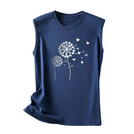 GWAABD Vest with Threaded Halter Women Summer Sleeveless Crew Neck Dandelion Printing Tank Tops Casual TShirts Blouse Top