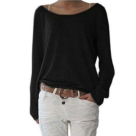 CLZOUD Blouse Top for Women Black Women S Solid Color Knitted T-shirt Top Round Neck Long Sleeve Bottoming Shirt Xl