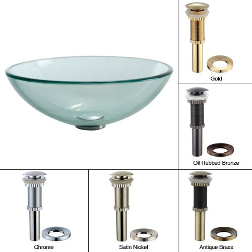 KRAUS 16 1/2 Inch Clear Round Glass Vessel Bathroom Sink (Sink with Gold Pop up Drain/ Mounting Ring)