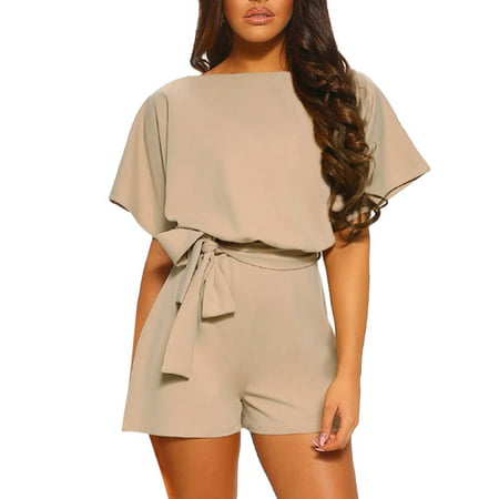 GWAABD One Piece Outfits for Women Sleeve Short Short Pants Playsuit Womens Strappy Leg Jumpsuit Wide O-Neck Solid Women S Jumpsuit