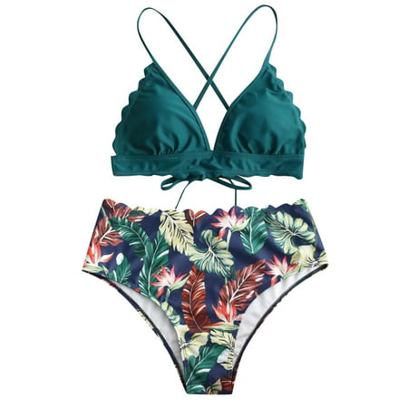GWAABD Criss Cross Swimsuit Swimsuit Waist Two Back Print Leaf Set Piece Bikini High Crisscross Women Swimwears Tankinis Set