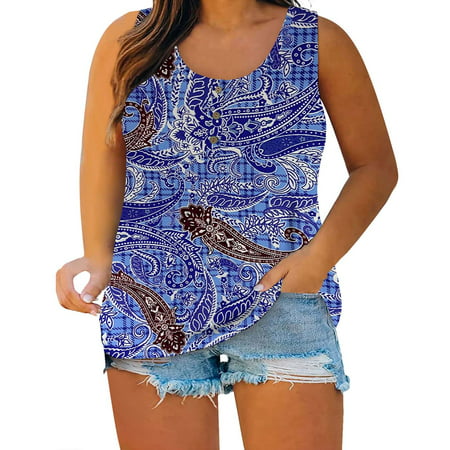 CLZOUD Plus Size Summer Tank Tops for Women Blue Summer Women Sleeveless Floral Printed Button Plus Size Tank Tops Loose Crew Neck Vest T Shirts Tunic