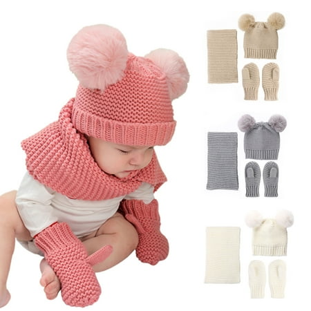 LA TALUS Solid Color Baby Children Kids Winter Autumn Warm Knitted Hat Scarf Gloves Set Beige One Size