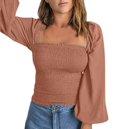 GWAABD Womens Sweat Shirts Womens Long Sleeve Puff Sleeve Square Neck Slim Top Shirt Sweatshirt