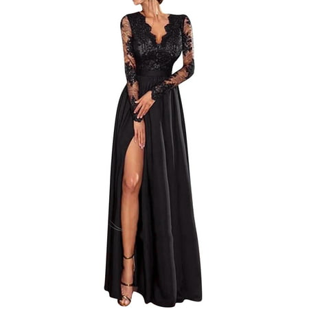 CLZOUD Women Plus Size Dress Black Polyester Women Floral Lace Maxi Dress Long Sleeve V Neck Bridesmaid Wedding Evening Party Dresses M