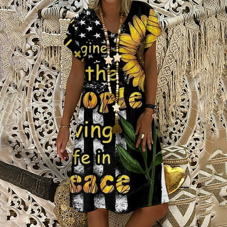 Perfect Summer Gift HIMIWAY Maxi Cheap MIDI Wedding Guest Plus Size Women 5674 Summer Loose Casual Large Size Patriot V-Neck Sleeveless Dress Black L