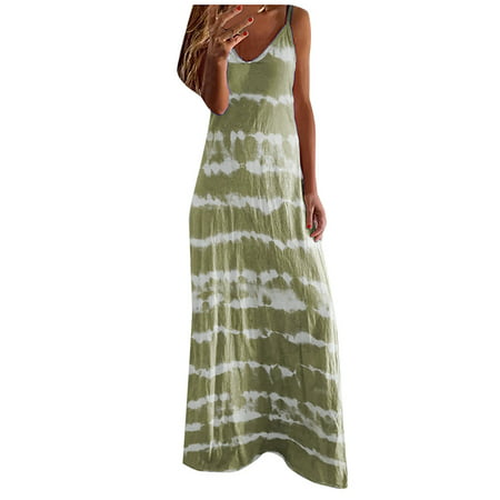 CLZOUD Dress for Women Casual Khaki Polyester Women Round Neck Sleeveless Gradient Tie-Dye Striped Casual Bohemian Maxi Dress L