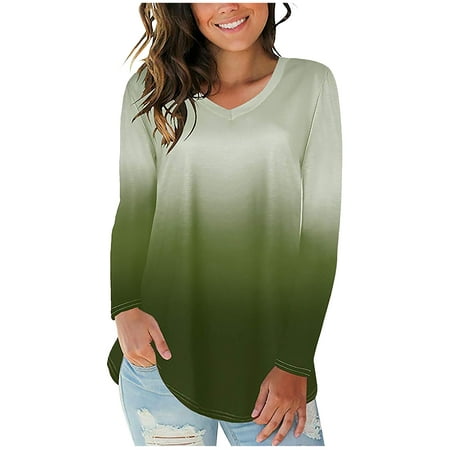 CLZOUD Women Blouses for Work Green Womens Fashion V-Neck Long Sleeve Gradient Print Casual Tops T-shirt Blouse Xl