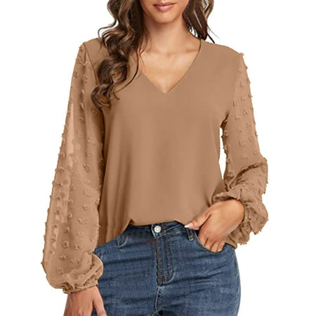 GWAABD Mature Womens Clothing Spring and Summer Women S New V Neck Chiffon Shirt Stitching Long Sleeved Top Women