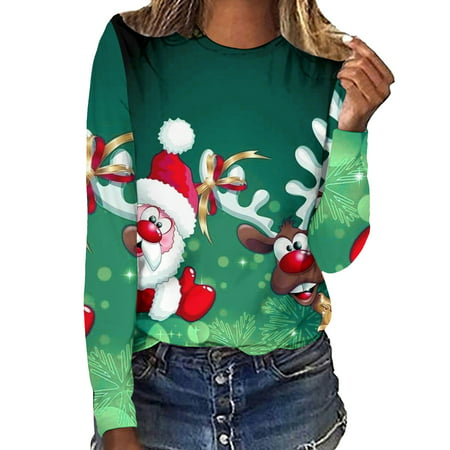 CLZOUD Casual Summer T Shirts Green Women Round Neck 3D Digital Printing Long Sleeve T Shirt Top L