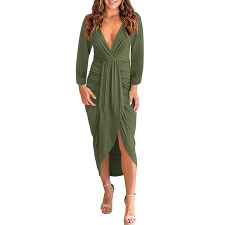 GWAABD Women Evening Dresses Women V Neck Long Sleeve Wrap Ruched Spaghetti Straps Backless Split Bodycon MIDI Dress