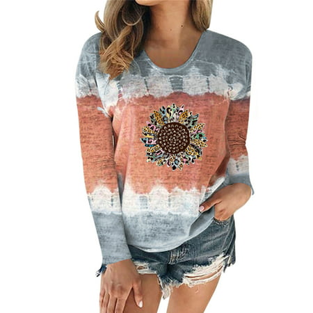 GWAABD Womens Casual Long Sleeve Shirts Womens Casual Fashion Round Neck Tie Dye Printing Long Sleeve T Shirt Blouse Tops