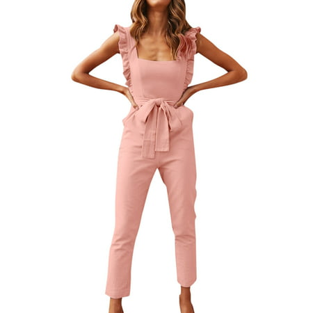 GWAABD Jumpsuits for Women Spaghetti Strap Pockets Shirred Summer Linen Belted Jumpsuit Frill Ladies Sleeves Holiday Women Women S Jumpsuit
