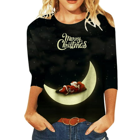 CLZOUD Womens Blouses and Tops Black Womens Casual O Neck Fit Three Quarter Sleeves Top Cute Printed T Shirt Top Xxl