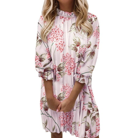 GWAABD Mothers Day Dresses for Women Women S Floral Print Ruffle Neck Fold Three Quarter Sleeves Splice Loose Dress Holiday Dress