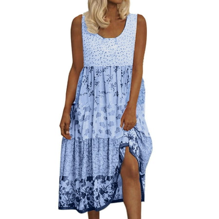 CLZOUD Womens Dresses Casual Blue Polyester Spandex Women S Bohemian Floral Print Round Neck Sleeveless Beach Flowy Party Maxi Dress Xxxl