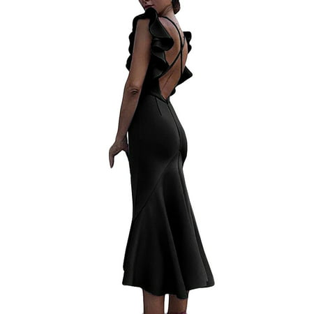 CLZOUD Womens Summer Fashion Black Polyester Women Backless Flounce V-Neck Pure Color Beach Long Dress Xxl