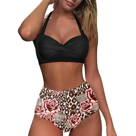 CLZOUD Plus Size Bathing Suit for Women Pink Women High Waisted Bikini Push up Two Piece Swimsuits Vintage Swimsuit Two Piece Retro Ruched High Waist 
