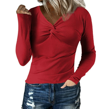 GWAABD Plus Size Womens Tops Womens V Neck Shirts Long Sleeve Blouse Button Down Shirts Knit Shirt Casual Plain Tops