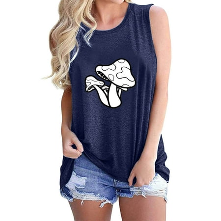 CLZOUD Casual Cami Top Navy Women S Vintage Pattern Vest Summer Casual Loose O Neck Vest Vacation Classic Slim Shirt Halter Top L