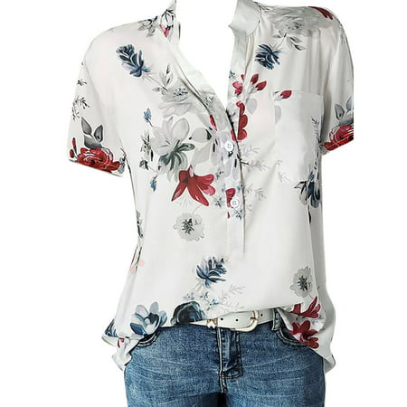 CLZOUD Summer Tops Women White Polyester Plus Size Women Printing Blouse Shirt Pocket Easy Sleeve Top Short Women S Blouse Xl