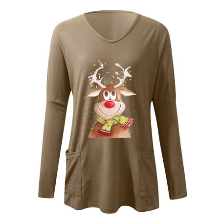 CLZOUD Blouses for Women Casual Khaki Ladies Casual Jacket Print V Neck Long Sleeved Shirt Pullover Blouse T Shirt S
