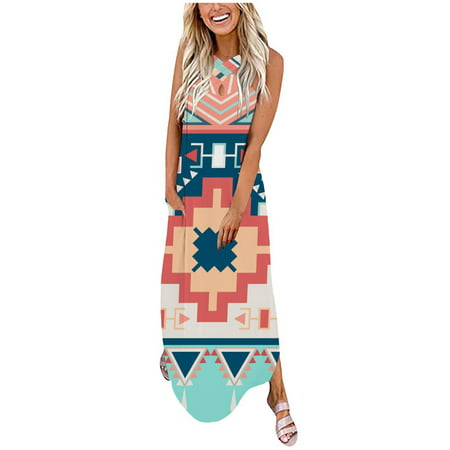 Guieoi Summer Dress Women Casual V-Neck Sleeveless Printing Loose Vest Maxi Dress Long Dress+Pocket Summer Dresses 2313 on Clearance