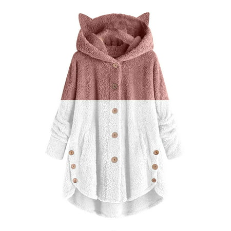 GWAABD Chicwish Blouses for Women Lady Coat and Velvet Coat Cat Ear Hooded Two Color Patchwork Button Autumn Winter Plush