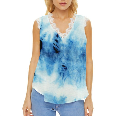 CLZOUD Women S Camisole Blue Women S Summer Gradient Sleeveless Lace V Neck Casual Style Tank Top Xl