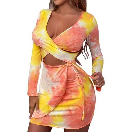 CLZOUD Womens Casual Dresses Yellow Elastic Polyester Women S Long Sleeve Autumn Winter Tie Dye V Neck Hollow Out Dress L