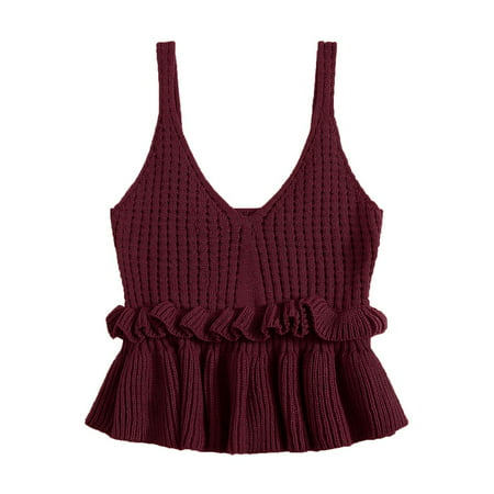 CLZOUD Camisole Tops for Women Sleeveless Wine Acrylic Women S Casual Knit Top Sleeveless Ruffle V Neck Peplum Crop Tank Top Xl
