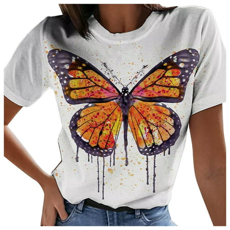 GWAABD Essentials Clothing Women S Summer Round Neck Fashion Print Short Sleeve T Shirt Top Blouse