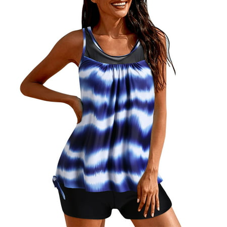 GWAABD Bikini Front Cross Suits Bathing with Boyshorts Striped Two Top Control Swimsuits Piece Tank Tummy for Women Swimwears Tankinis Set