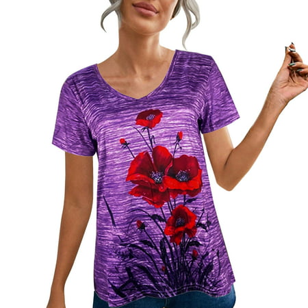 CLZOUD Women S Summer T Shirt Purple Womens Casual Printed Round Neck Short Sleeve Blouse T Shirt Tops Xxl