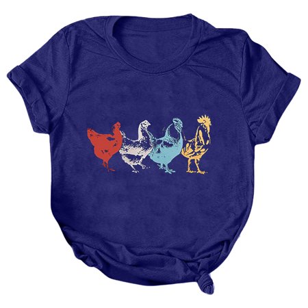CLZOUD Womens T Shirt Summer Blue Women Casual Printing Short Sleeves Crew Neck Loose TShirt Blouse Tops Xl