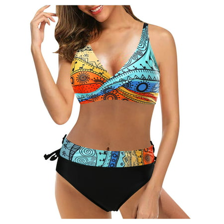 GWAABD Square Neck Bikini Top Retro Bikini High Halter Piece Women Print Swimsuit Two Set Waist Ruched Vintage Swimwears Tankinis Set