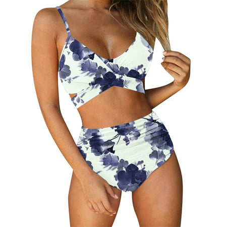 GWAABD Womens Bikins Women Swimsuit 2 Piece Bathing String Waisted Criss Printed High Floral Swimwears Tankinis Set