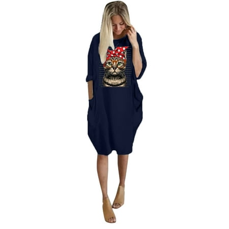 GWAABD Floral Dress for Women Long Women Summer Long Sleeve Printed Cat Short Mini Dress