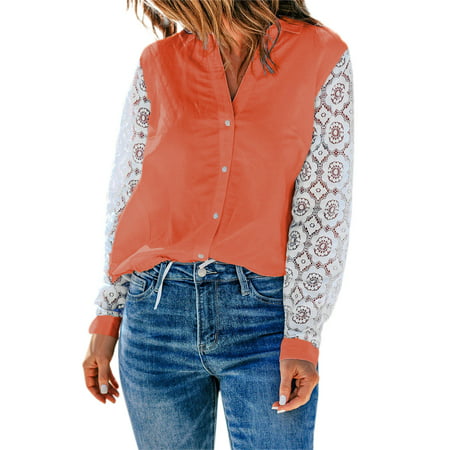 GWAABD Womans Sweatshirts Womens Lapel Shirts Long Sleeve Blouse Button Down Shirts Roll up See Through Sleeve Casual Plain Lace Tops