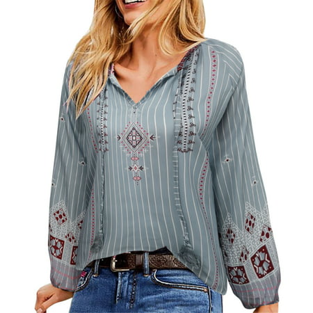 GWAABD Cute Womens Sweatshirts Women S Boho Print Long Sleeve V Neck Strap Casual Shirt Blouse Tops