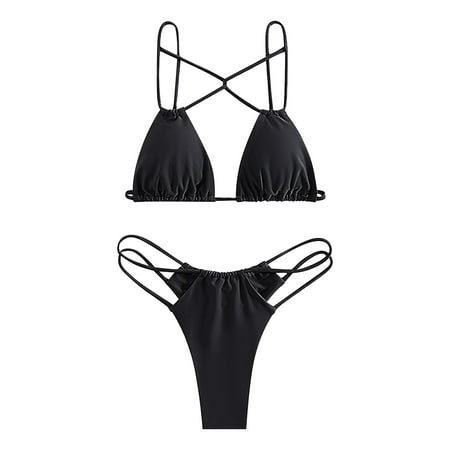 CLZOUD Swimsuit Sets Black Women Solid Color Bikini Set Swimming Two Piece Swimsuits Swimwear Beach Suit M