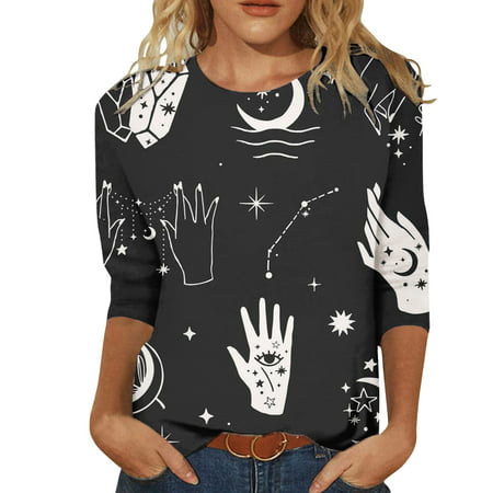 CLZOUD Womens Shirt Black Womens Printing Casual Fashion Crew Neck Three Quarter Sleeve T Shirt Blouse Tops Xl