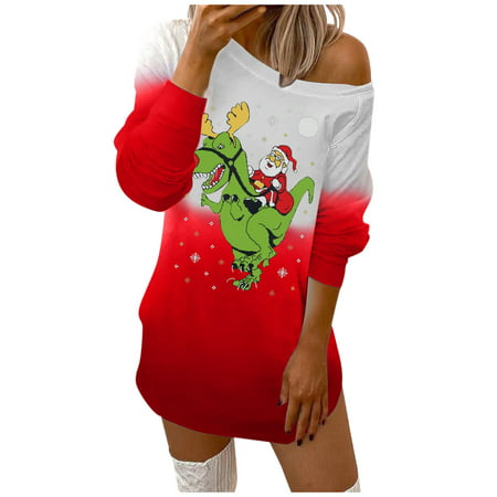 CLZOUD Pretty Dresses Red Polyester Women S Fashion Casual Merry Prints O-Neck Off-Shoulder Long Sleeves Sweatshirts Dress M