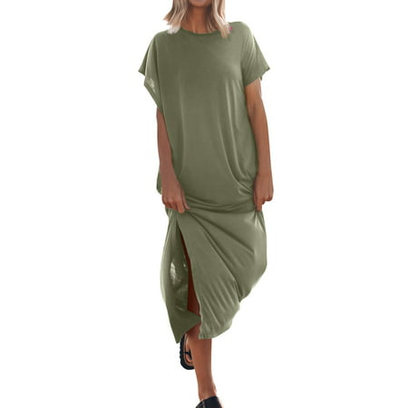 CLZOUD Elegant Dresses for Women Polyester Spandex Women S Summer T Shirt Maxi Dress Batwing Sleeve Crewneck Casual Loose Slit Side Long Beach Dresses