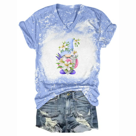 CLZOUD Casual Blouse for Women Light Blue Cotton-Like Women S Tie Dyed V Neck Loose Short Sleeved T Shirt Xl
