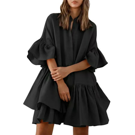 GWAABD Womens Floral Dress Women Tie Front Elastic Waist Tiered Ruffle Layer Floral Balloon Long Sleeve V Neck Dress
