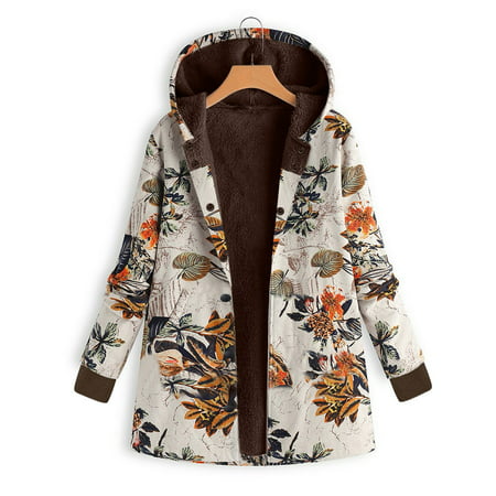 GWAABD Winter Jackets Womens Winter Warm Outwear Floral Print Hooded Pockets Vintage Oversize Coats