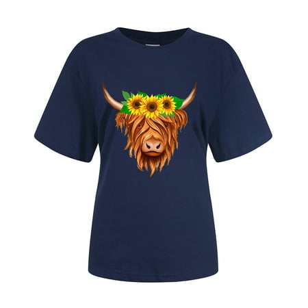 CLZOUD Womens Tops Casual Summer Navy Polyester (Polyester) Women S Cute Cow T Shirt Cute Pattern 2023 Summer New Women S Cute Cow T Shirt Clothes L