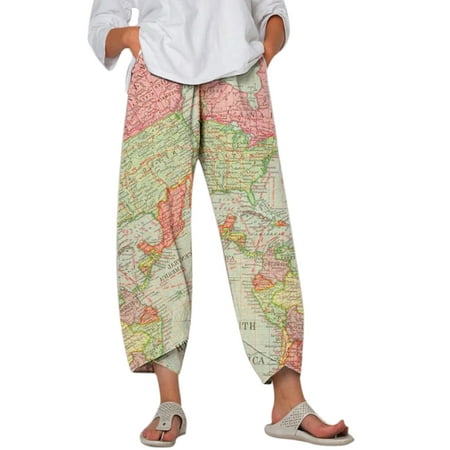 GWAABD Yoga Pants Women Elastic Waist Casual Pant with Pockets Loose Fashion Pants Map Printed Loose Elegant Crop Pants